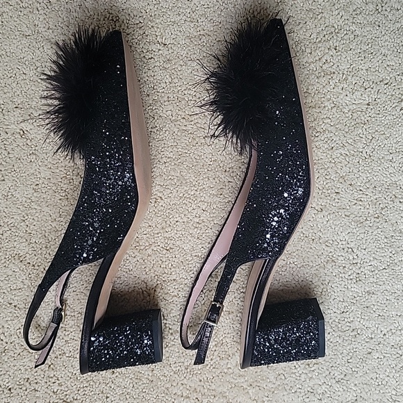 kate spade Shoes - Kate Spade Black Glitter Heels With Feather Pom Pom Women Size‎ 6.5